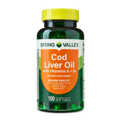 Spring Valley, Huile de foie de morue, plus Vitamines A & D3 Dietary Supplement, 100 gélules