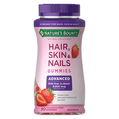 Nature's Bounty Hair skin nails gummies avancés|biotine 6000 mcg, vitamines A, C et E|goût fraise, 90 gummies