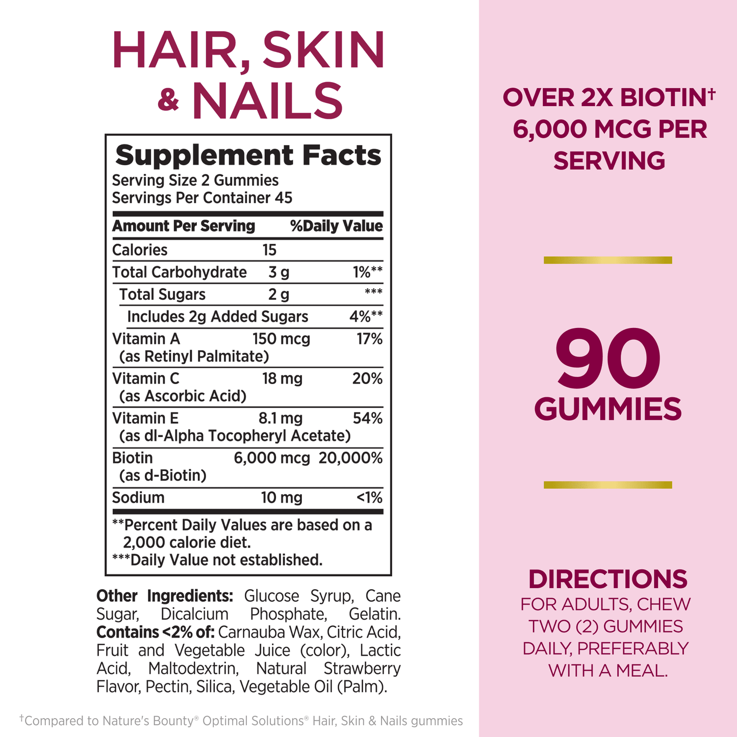 Nature's Bounty Hair skin nails gummies avancés|biotine 6000 mcg, vitamines A, C et E|goût fraise, 90 gummies