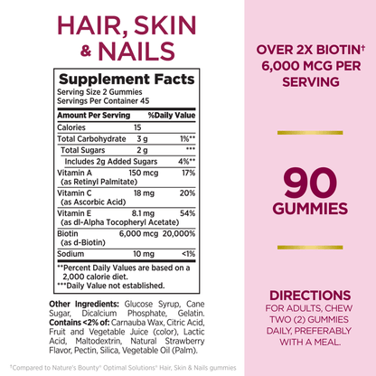 Nature's Bounty Hair skin nails gummies avancés|biotine 6000 mcg, vitamines A, C et E|goût fraise, 90 gummies
