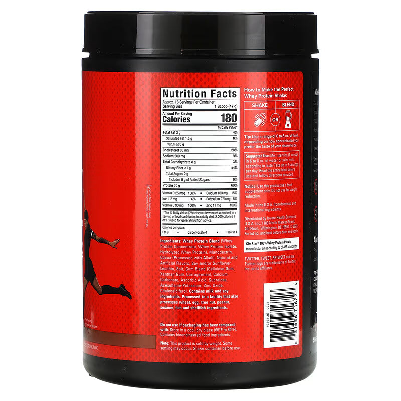 Six Star Pro Nutrition 100% Whey Protein Powder Plus, 30 g de protéines, triple chocolat, 907 grammes
