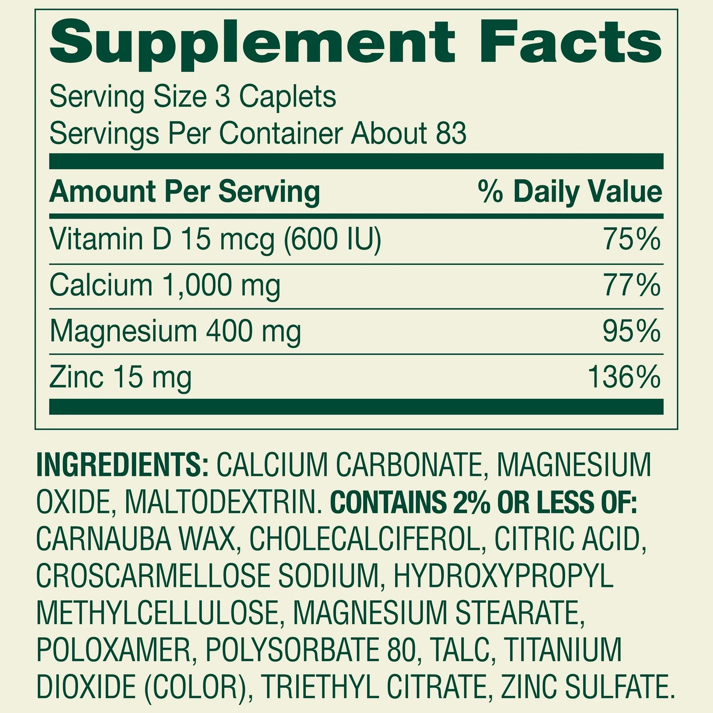 Spring Valley Calcium, Magnesium & Zinc Plus Vitamine D3, 250 comprimés
