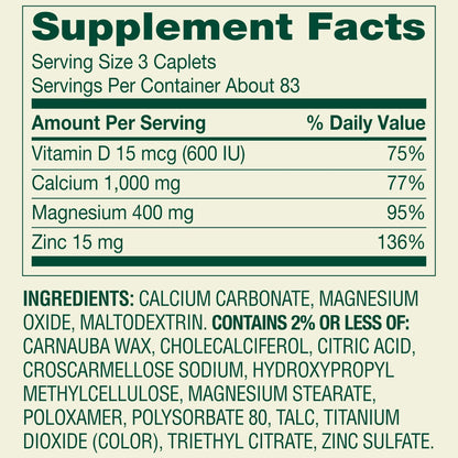 Spring Valley Calcium, Magnesium & Zinc Plus Vitamine D3, 250 comprimés